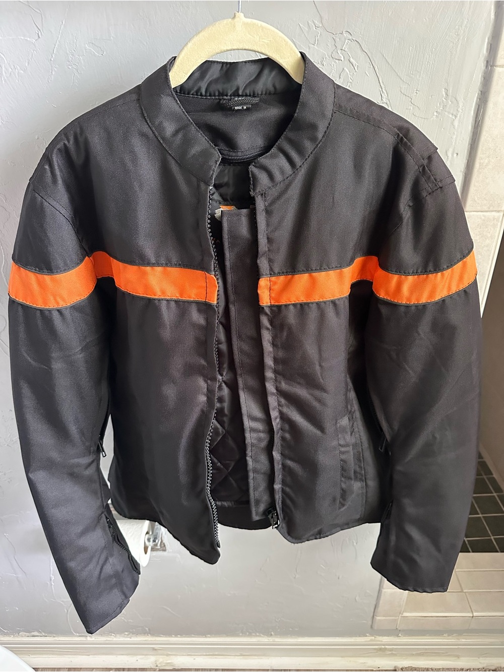 Women's Black Bomber Jacket with Orange Stripe